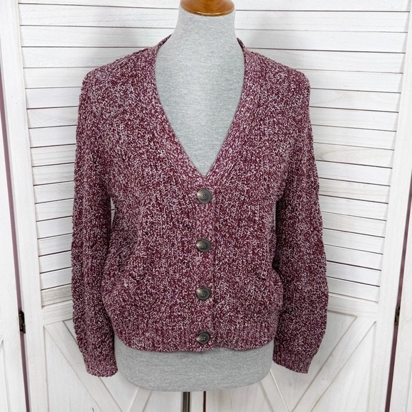 Old Navy Sweaters - Old Navy Marled‎ Pointelle Knit V Neck Crop Cardigan Sweater Burgundy Red Small